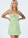 front view of model wearing Princess Polly Tasmin Mini Dress Green Floral 