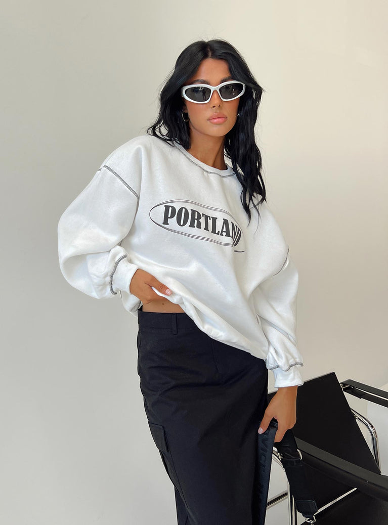 front view of model wearing Princess Polly Portland Oversized Crewneck Sweatshirt White 