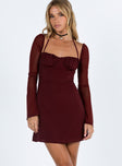 front view of model wearing Princess Polly Dyer Sheer Sleeve Mini Dress Burgundy Sweetheart Neckline 