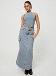   front view of model wearing Princess Polly McGuane Denim Midi Skirt Petite Maxi 