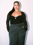 side view of model wearing Princess Polly Jacob Long Sleeve Bodysuit Black Curve Full Sleeves Sweetheart 