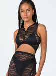 side view of model wearing Princess Polly Mayfair Lace Crop Black 