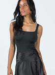 front view of model wearing Princess Polly Dayrell Pearl Trim Bodysuit Black Sleeveless Square Neck 