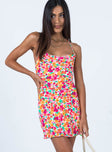 front view of model wearing Princess Polly Celena Mini Dress Rainbow Floral 