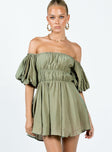 Front view of model wearing  front Princess Polly Square Neck  Halton Mini Dress Khaki