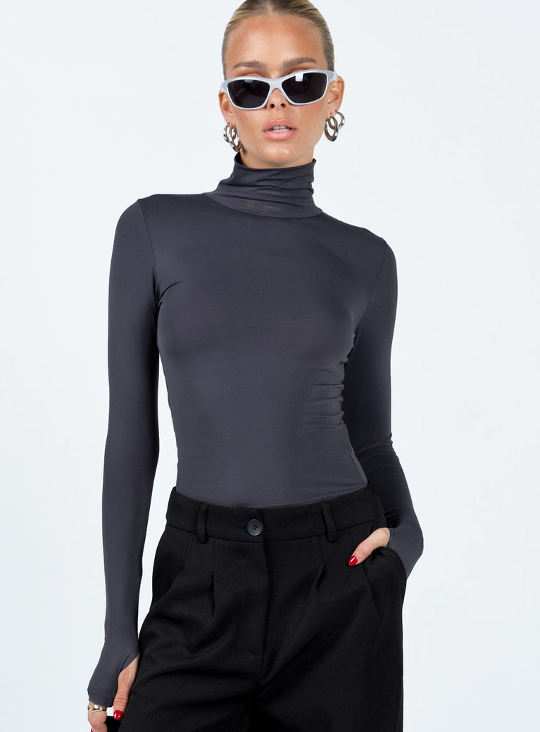 Front view of model wearing  front Princess Polly Full Sleeves High Neck  Elysium Long Sleeve Turtleneck Top Grey