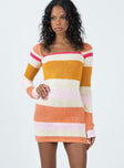 Front view of model wearing  front Princess Polly Square Neck  Ania Mini Dress Orange / Pink Multi