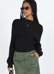 Black sweater Ribbed knit material Mock neck Knot detail at bust Drop shoulder