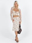 Front view of model wearing  front Delvie Midi Skirt Floral Cream Princess Polly  Midi Skirts 