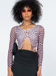 front view of model wearing Princess Polly Harrison Long Sleeve Mesh Top Black / White 