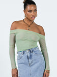 Front view of model wearing  front Princess Polly Full Sleeves Asymmetric Neckline  Gryce Off The Shoulder Top Green