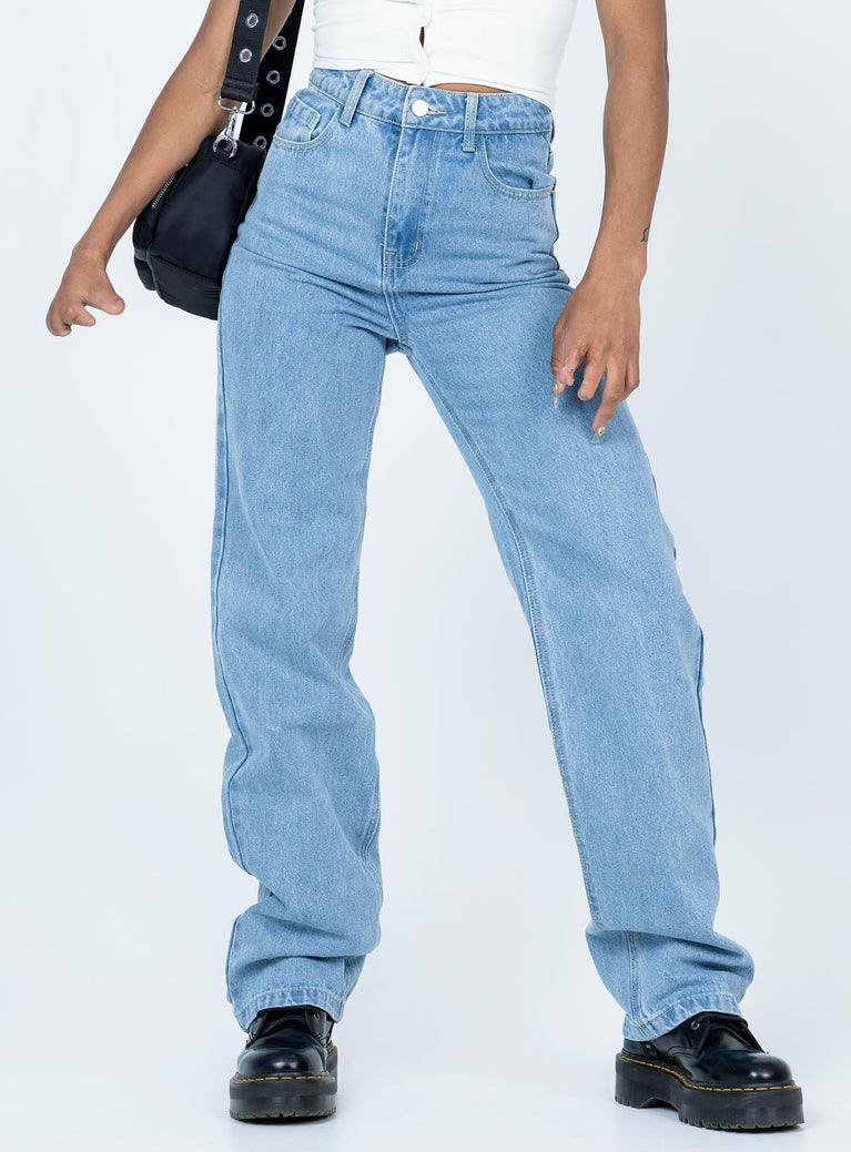 front view of model wearing Princess Polly Marian Mid Rise Jeans Denim Mid Rise 