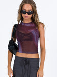 Front view of model wearing  front Princess Polly Sleeveless Square Neck  Motel Monlo Top Mesh Watercolour Wine