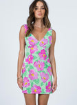 front view of model wearing Princess Polly Quincy Mini Dress Green / Pink Floral 