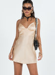 Front view of model wearing  front Princess Polly Sweetheart Neckline  Lamour Mini Dress Champagne