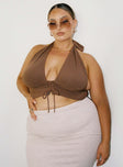 front view of model wearing Princess Polly Shiloh Top Brown Curve Sleeveless Plunger 