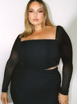 front view of model wearing Princess Polly Beverly Long Sleeve Top Black Curve Full Sleeves Square Neck 