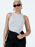 front view of model wearing Princess Polly Duval Bodysuit Light Grey Sleeveless Crew Neck 