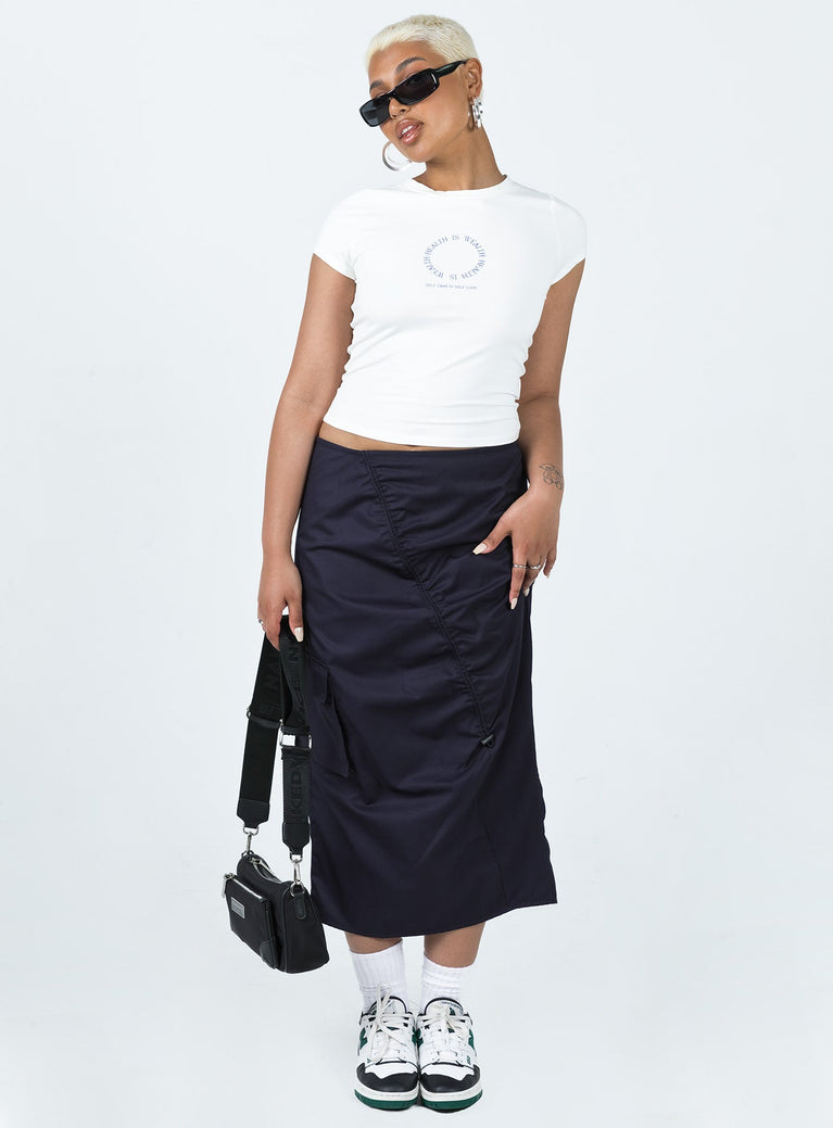 Front view of model wearing  front Motel Enore Skirt Navy Princess Polly  Midi Skirts 