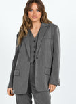 Blazer Pinstripe print Lapel collar Button fastening at front Faux chest pocket Twin front pockets Split at back