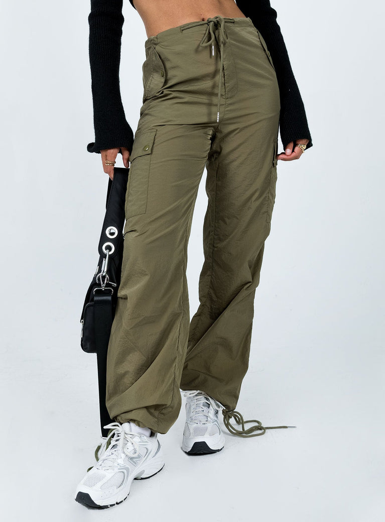 Front view of model wearing  front Princess Polly  Poplar Cargo Utility Pants Khaki