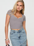 front view of model wearing Princess Polly Serenie Top Grey Short Sleeves V-Neck 