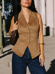 front view of model wearing Princess Polly Oh So Retro Faux Suede Vest Beige Sleeveless V-Neck 