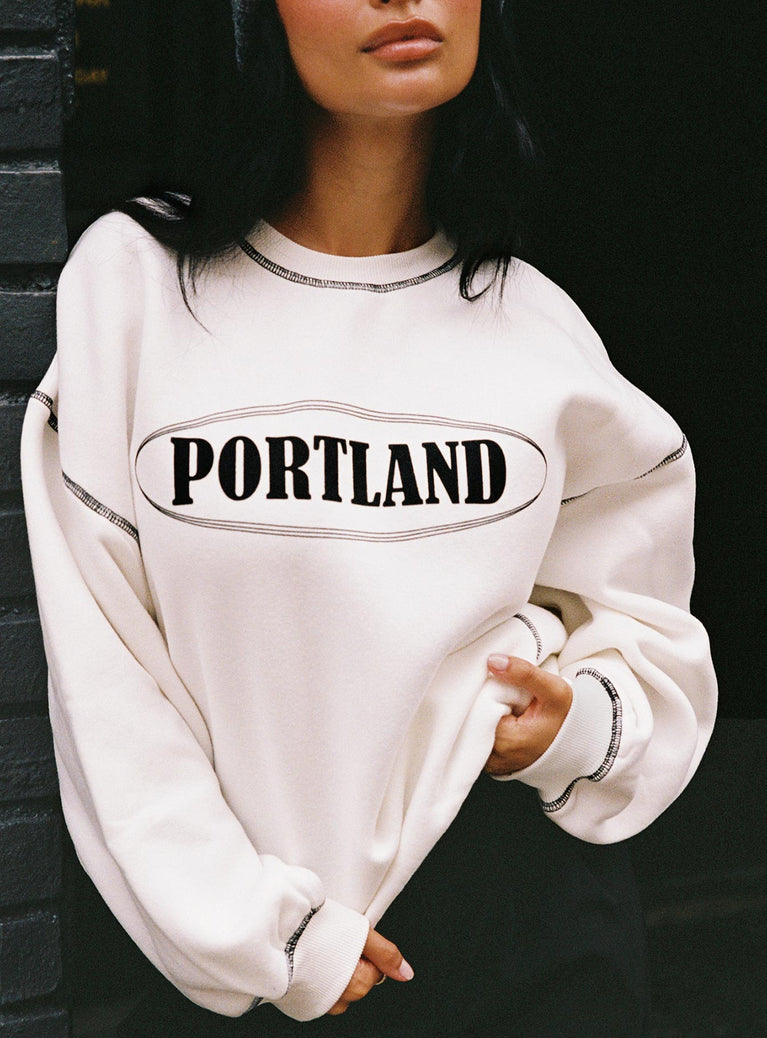 front view of model wearing Princess Polly Portland Oversized Crewneck Sweatshirt White 