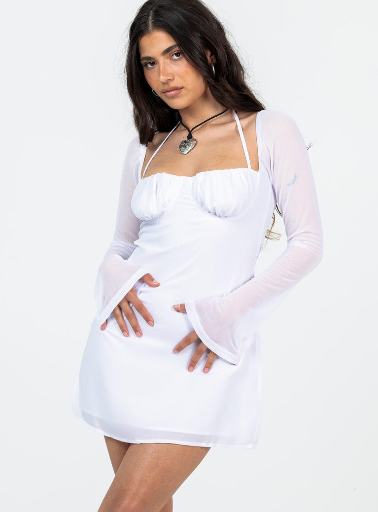 Front view of model wearing  front Princess Polly Square Neck  Dyer Sheer Sleeve Mini Dress White Petite