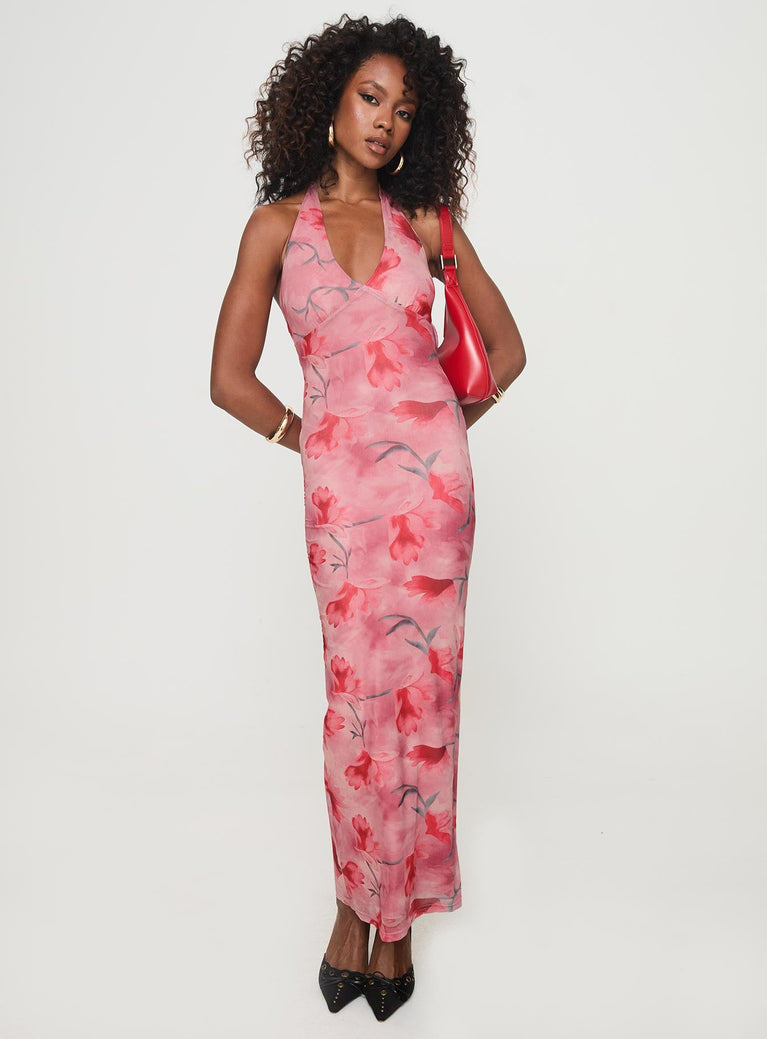 front view of model wearing Princess Polly Maillard Halter Maxi Dress Pink V-Neck 