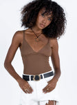 front view of model wearing Princess Polly Gazel Bodysuit Brown Sleeveless Plunger 