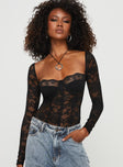 front view of model wearing Princess Polly Cadrot Long Sleeve Lace Bodysuit Black Full Sleeves 