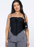 front view of model wearing Princess Polly Del Gato Corset Top Black Sleeveless 