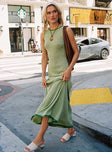 side view of model wearing Princess Polly Tavison Maxi Dress Green Crew Neck 