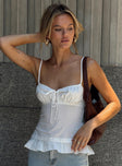 front view of model wearing Princess Polly Empress Cami Top White Sleeveless Sweetheart 