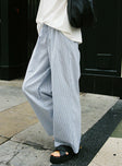 back view of model wearing Princess Polly Holiday Tie Front Pant Blue/ White Stripe High Waisted Pants 