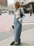   side view of model wearing Princess Polly McGuane Denim Midi Skirt Petite Maxi 