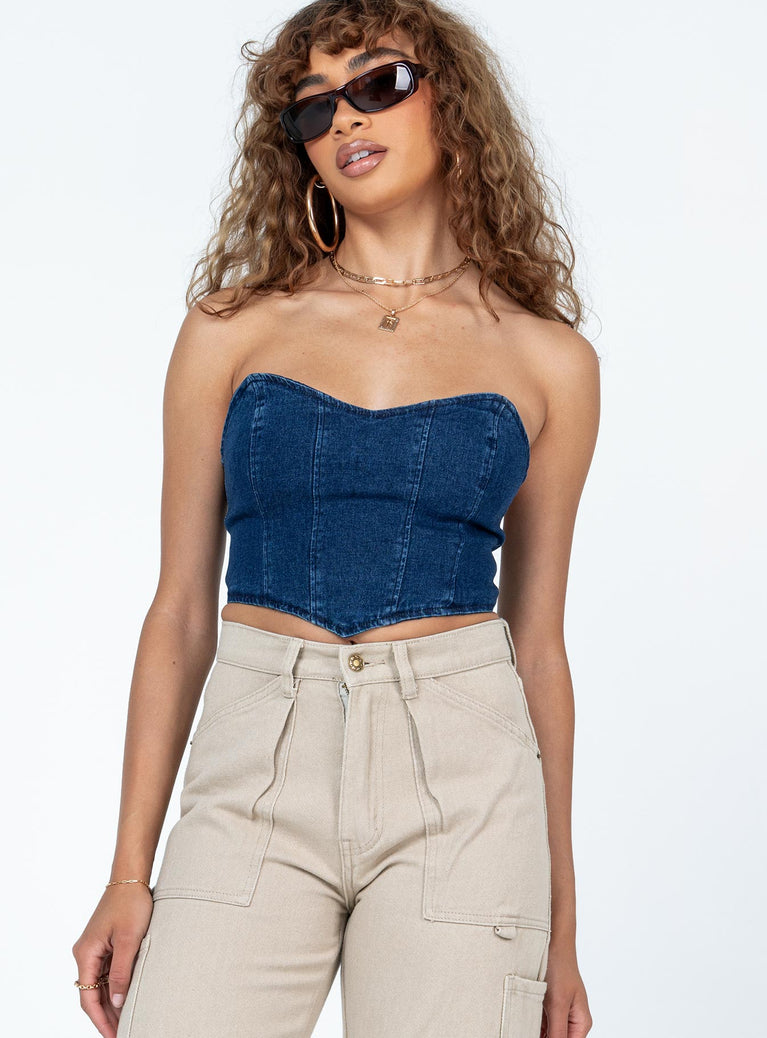 front view of model wearing Princess Polly Jessica Bustier Blue Denim Sleeveless Sweetheart 