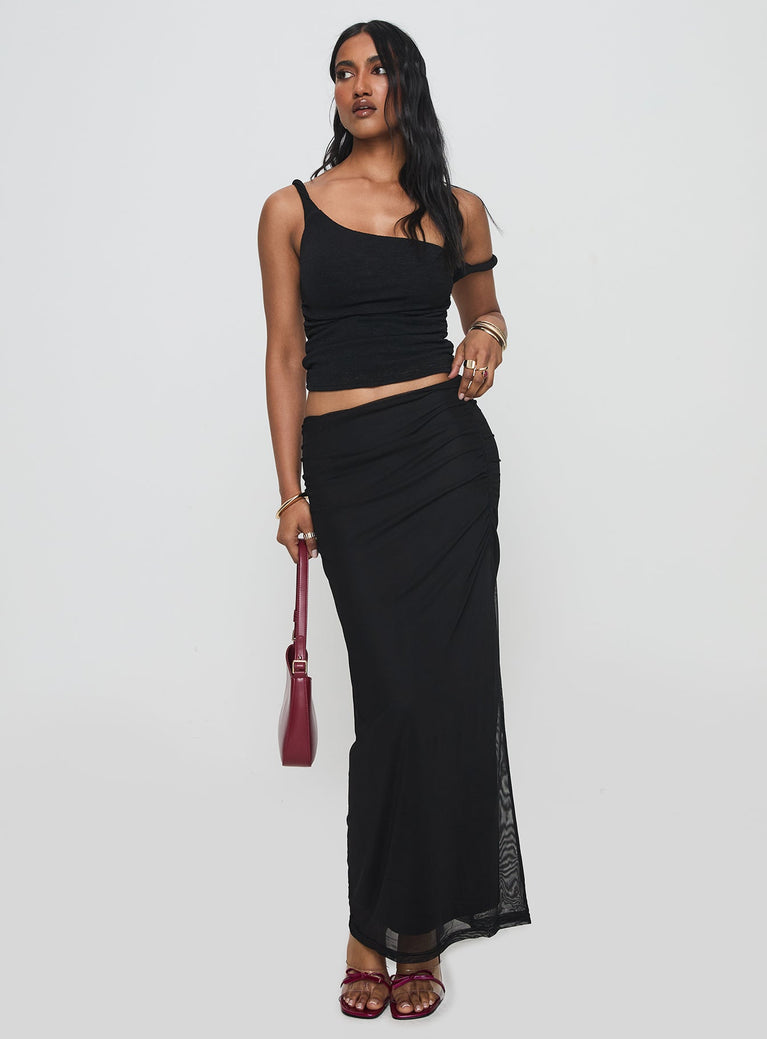   front view of model wearing Princess Polly Mastermind Ruched Maxi Skirt Black Maxi 