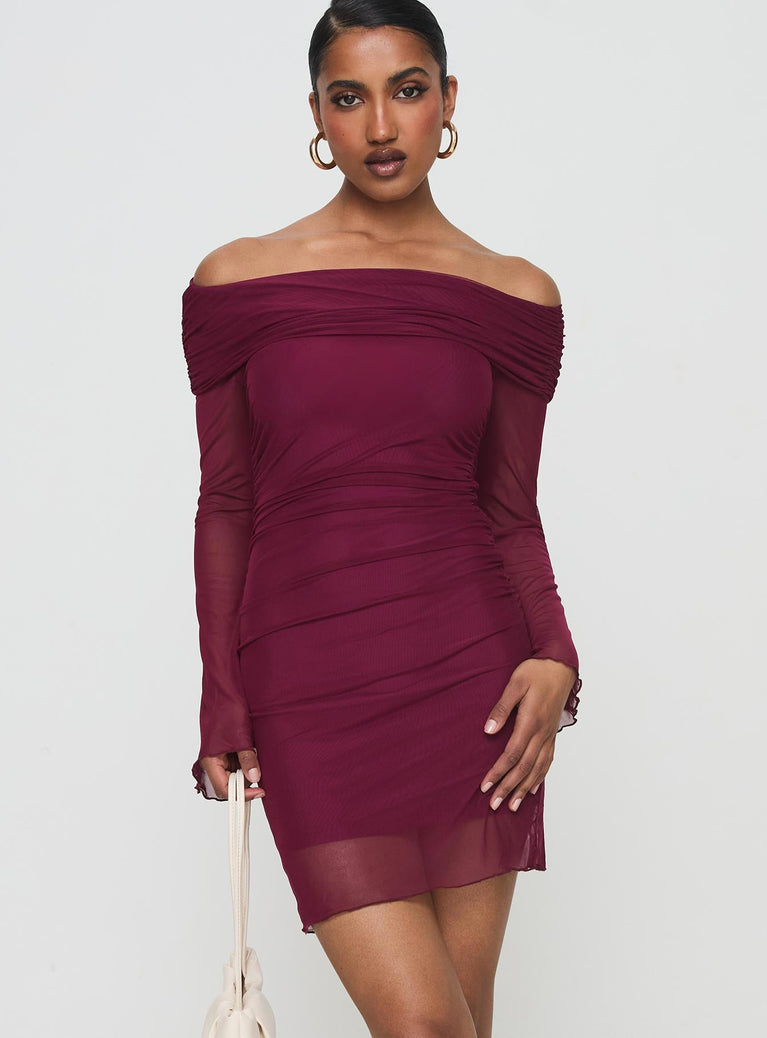 front view of model wearing Princess Polly Consideration Mini Dress Burgundy Straight Neck 