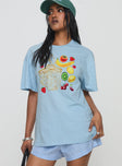 front view of model wearing Princess Polly Grocery Run Oversized Graphic Tee Blue Half Sleeves Crew Neck 