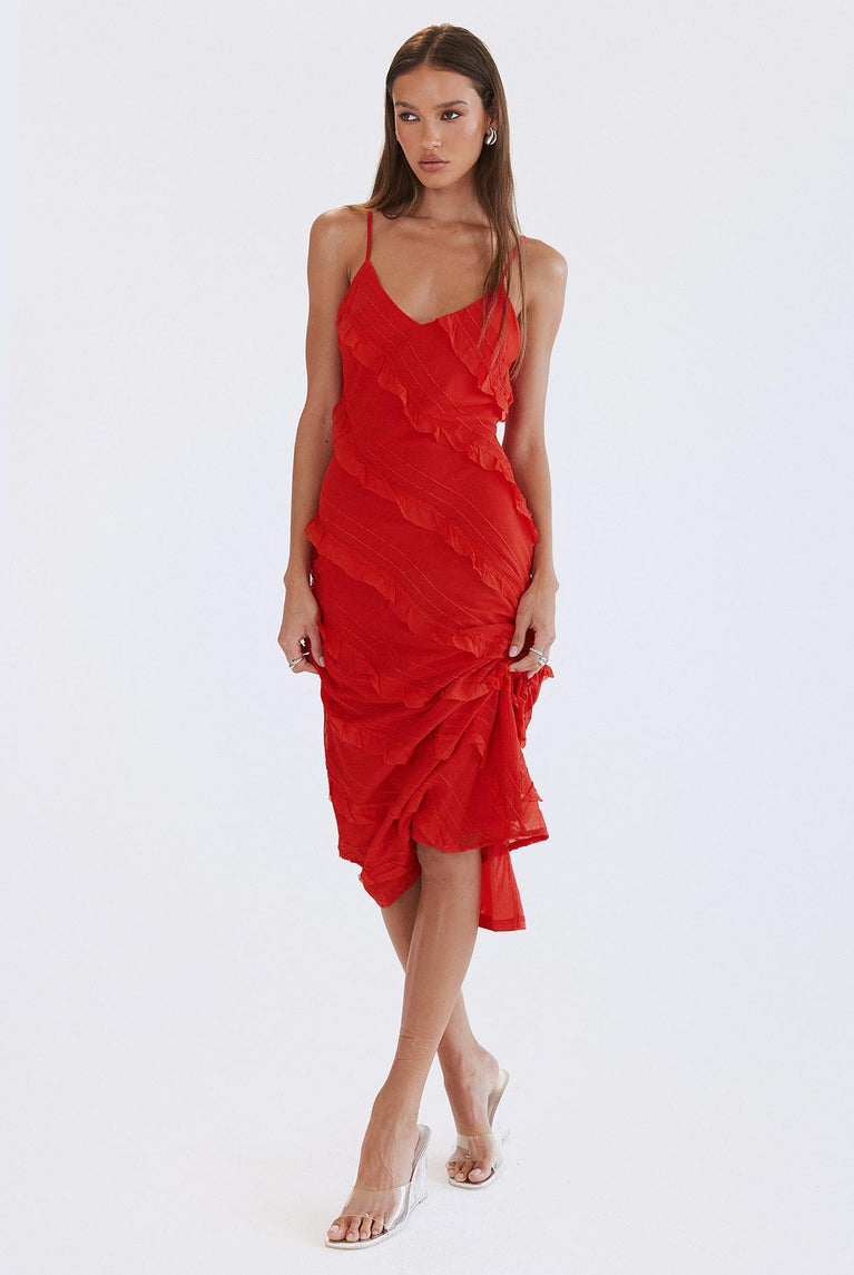 Front view of model wearing  front Princess Polly Crew Neck  Lars Maxi Dress Red