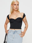 Front view of model wearing  front Princess Polly Short Sleeves Sweetheart  Larisha Off The Shoulder Top Black