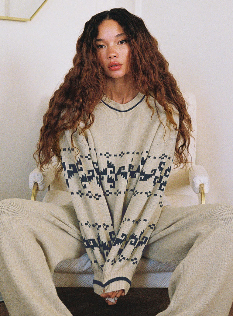 front view of model wearing Princess Polly Alpine Sweater Cream / Blue 