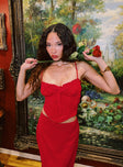 front view of model wearing Princess Polly Orianne Corset Top Red Sleeveless Sweetheart 