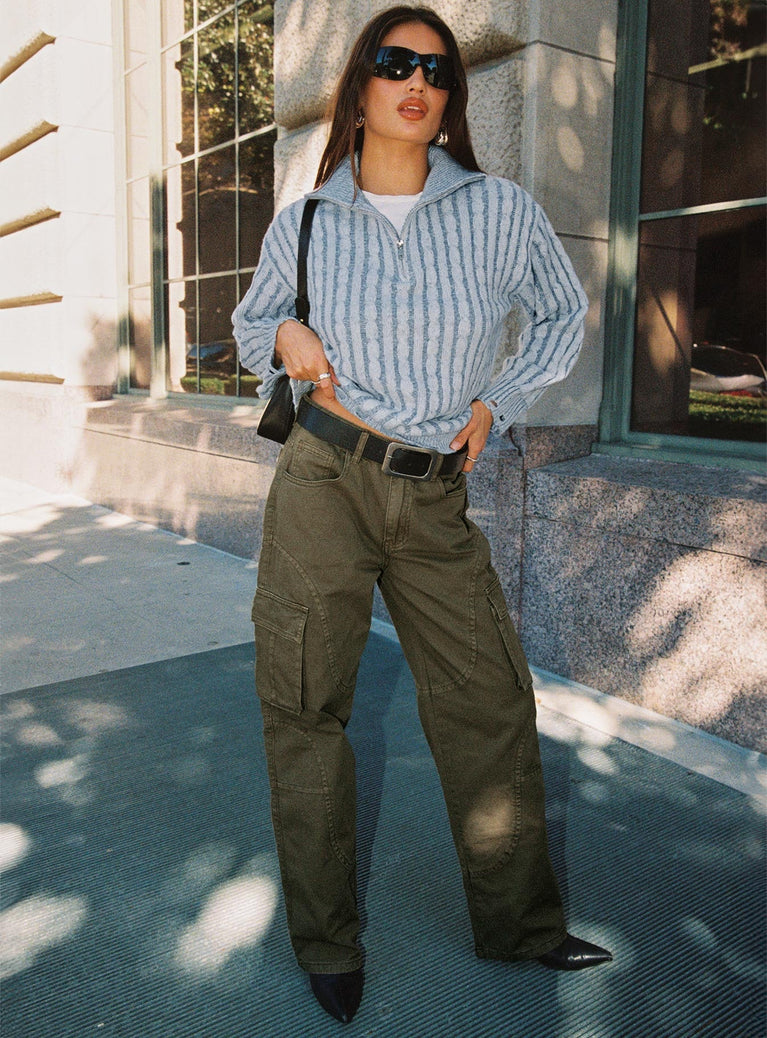 front view of model wearing Princess Polly Ahstin Cargo Jeans Green Low Rise Jeans 