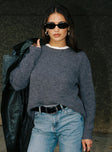 front view of model wearing Princess Polly Abrams Rib Knit Crew Sweater Charcoal Marle 