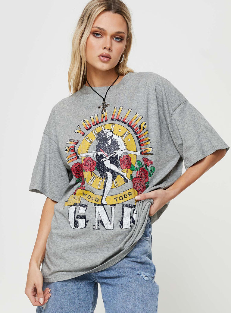 product Princess Polly Half Sleeves High Neck  Guns & Roses Illusion Oversized Tee Grey