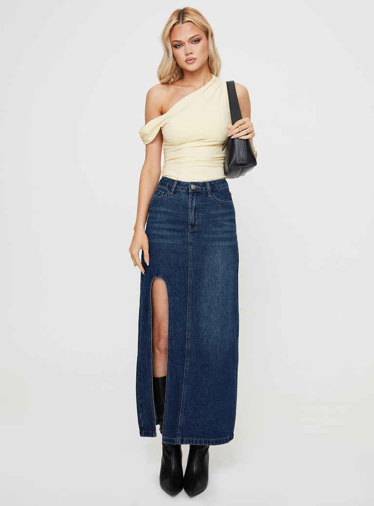 product Saige Denim Maxi Skirt Mid Wash Princess Polly  Midi Skirts 