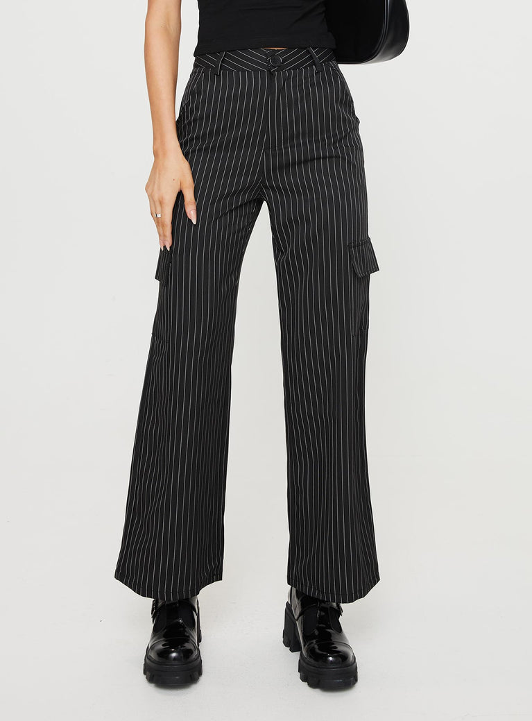 Cargo Pants  Striped, high-waisted,  four pocket design, belt looped waist, wide leg  Button & zip fatsening at front 